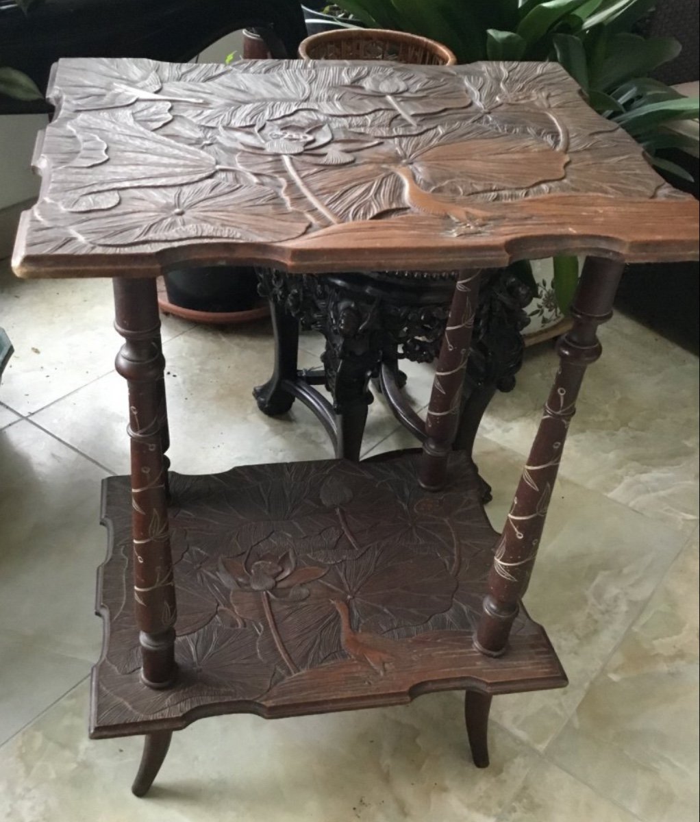 Japanese Pedestal Table Carved With Water Lilies And Ducks, Art Nouveau-photo-4