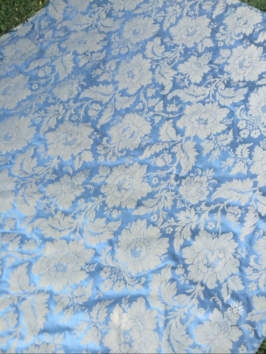 Bedspread In Fringed Blue Silk Damask In 140, Late Nineteenth-photo-2