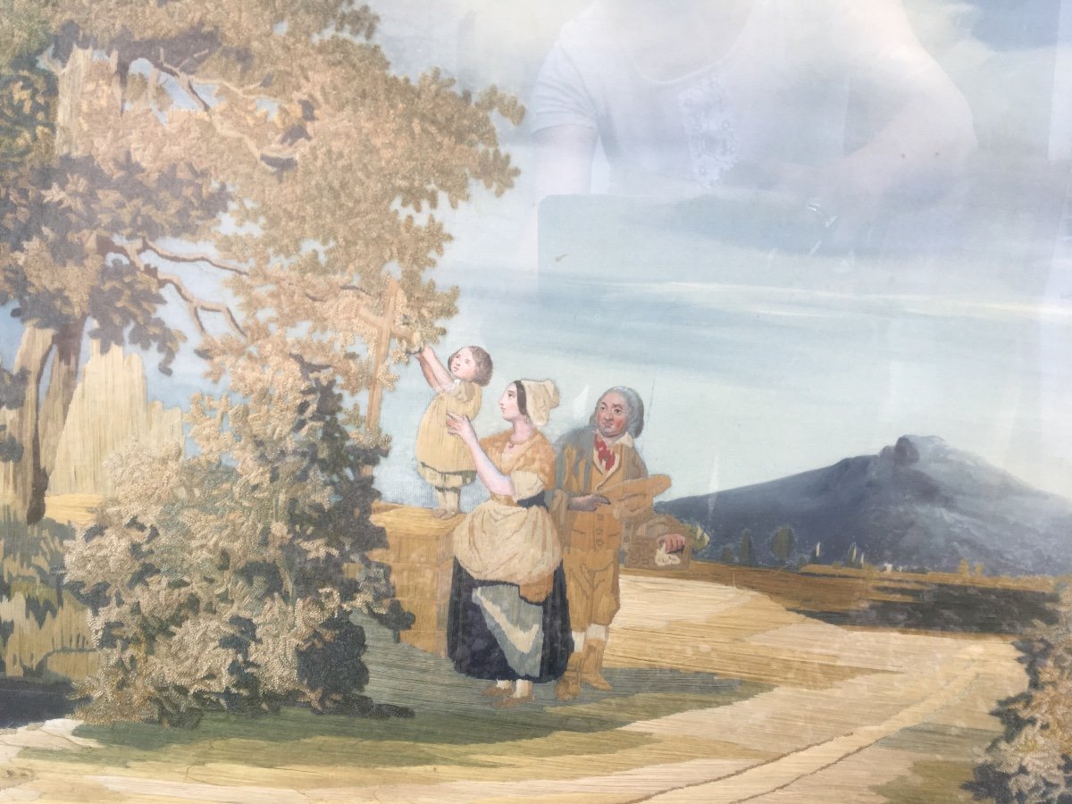 Gouache Napolitaine Peinture à L’aiguille, Encadrement XVIIIème -photo-3