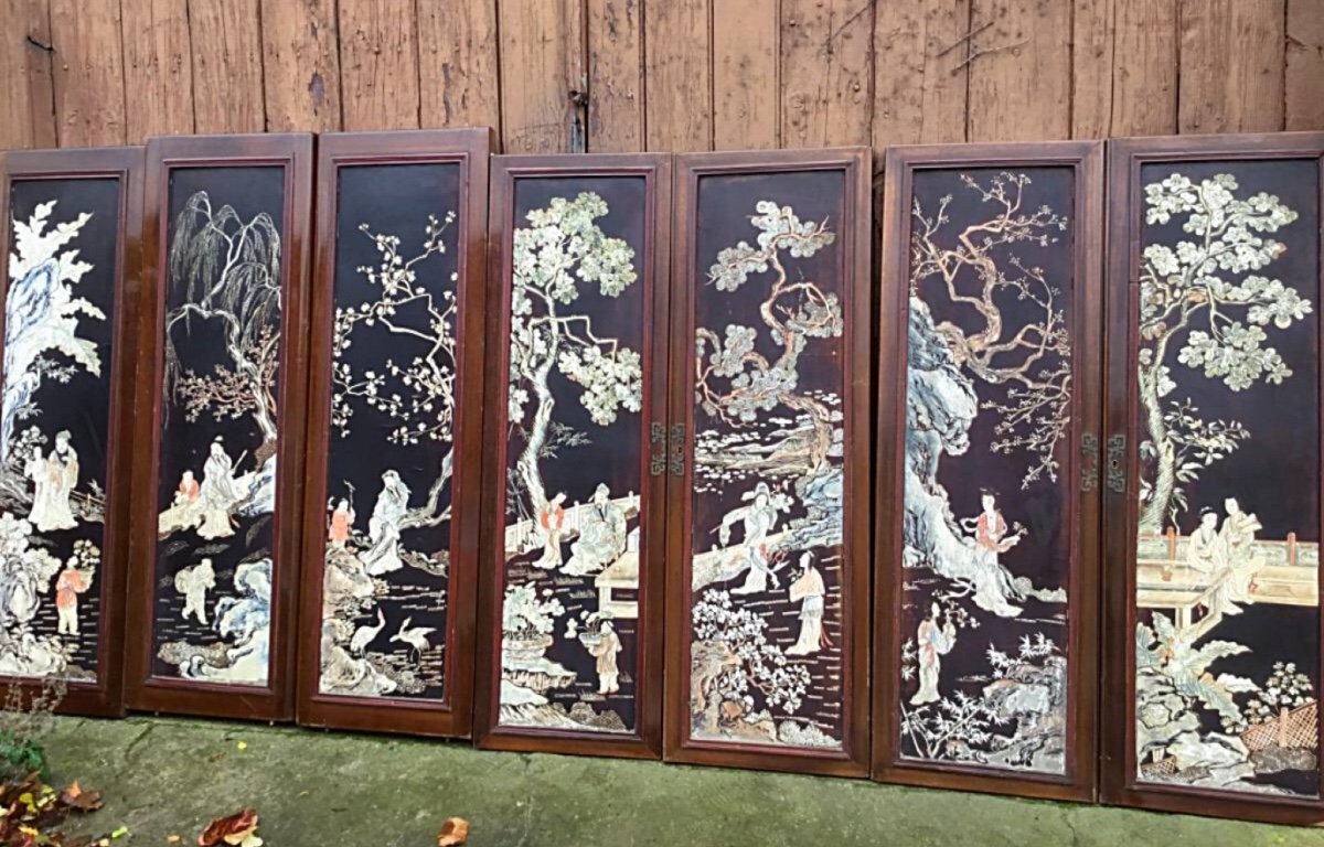 The Suite Of 7 Panels In Coromandel Type Lacquer, 1900 Period-photo-2