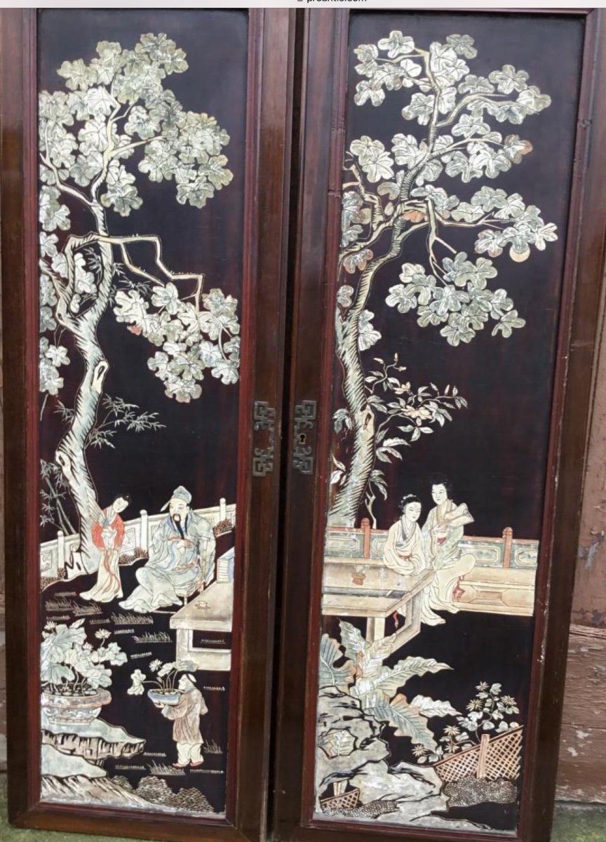 The Suite Of 7 Panels In Coromandel Type Lacquer, 1900 Period-photo-1