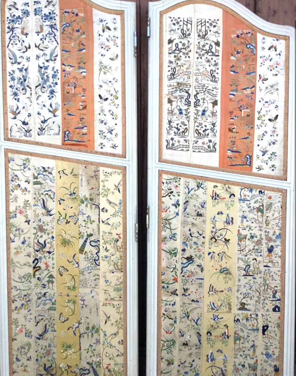 Panels Of Woodwork Decorated With Fine Chinese Embroidery