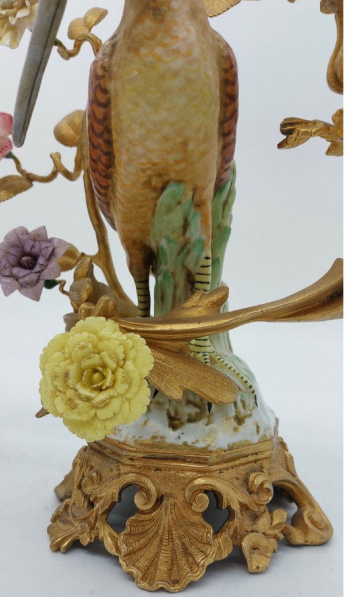 Pair Of Candlesticks Decorated With Birds And Flowers In Porcelain-photo-3