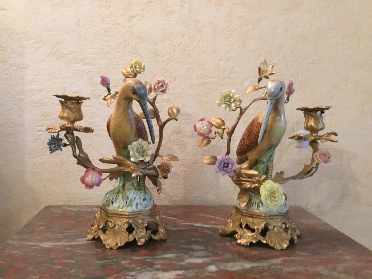 Pair Of Candlesticks Decorated With Birds And Flowers In Porcelain-photo-2