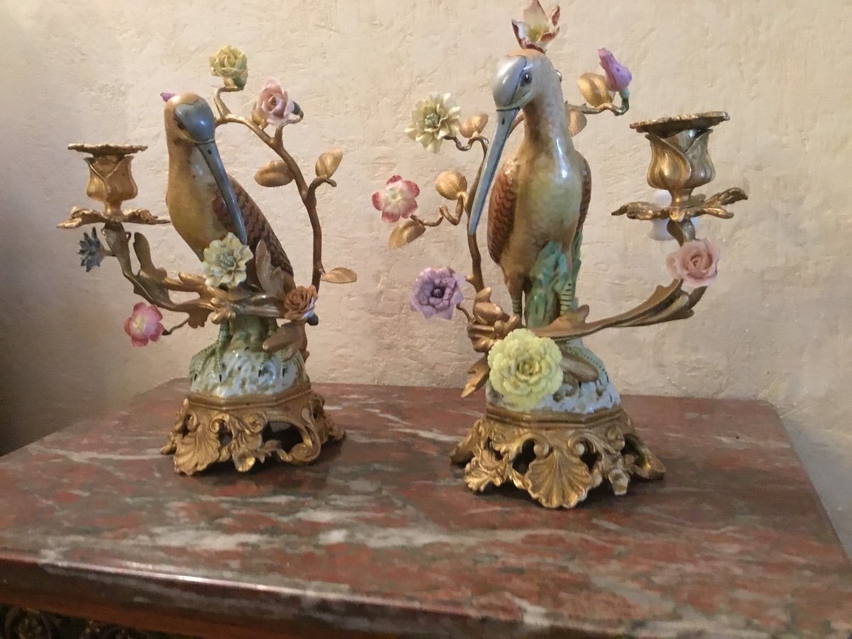 Pair Of Candlesticks Decorated With Birds And Flowers In Porcelain-photo-3