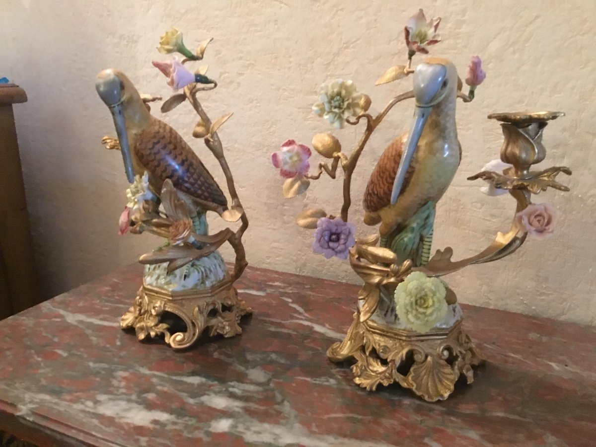 Pair Of Candlesticks Decorated With Birds And Flowers In Porcelain-photo-5