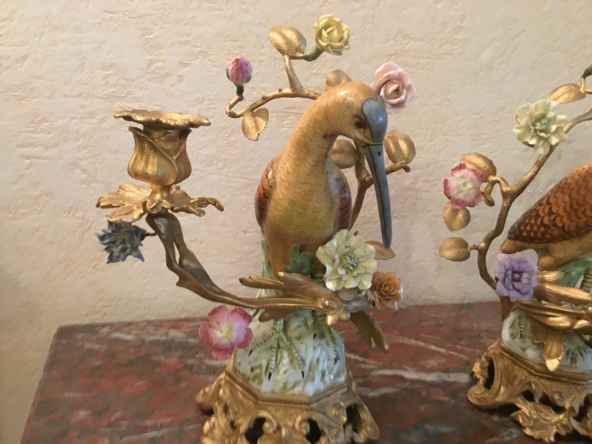 Pair Of Candlesticks Decorated With Birds And Flowers In Porcelain-photo-8