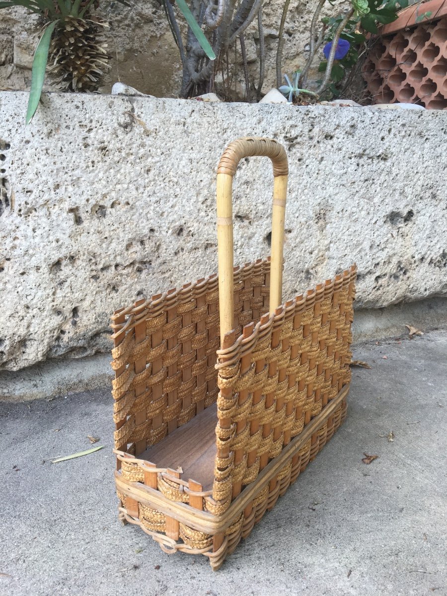 Magazine Rack In Bamboo And Woven Wicker, 20th Century-photo-6