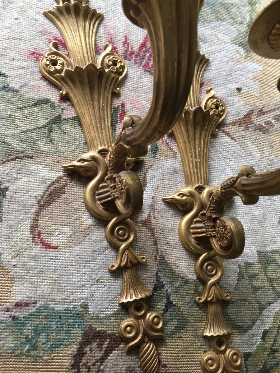 The Pair Of Swan Neck Sconces In Gilt Bronze-photo-2