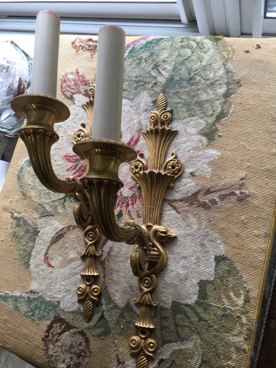 The Pair Of Swan Neck Sconces In Gilt Bronze-photo-5