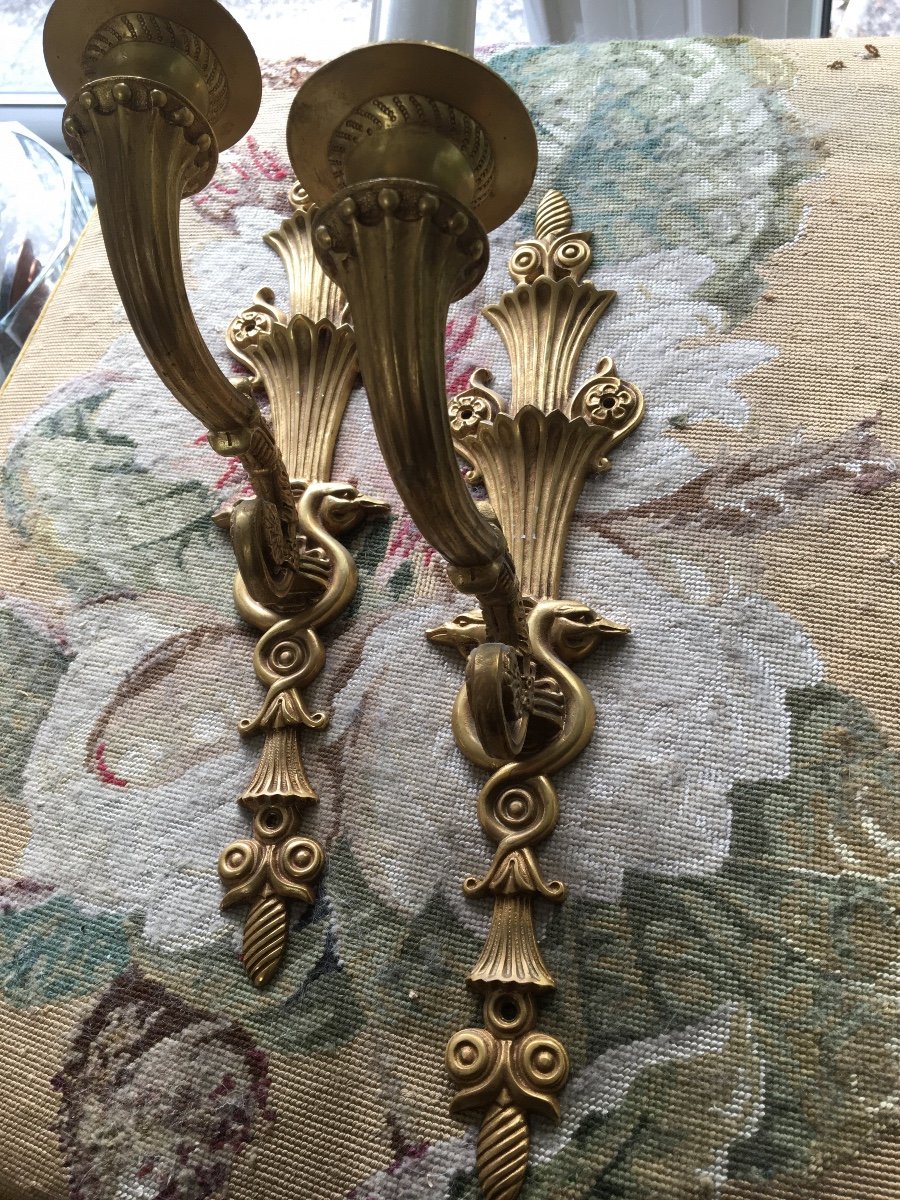 The Pair Of Swan Neck Sconces In Gilt Bronze-photo-8