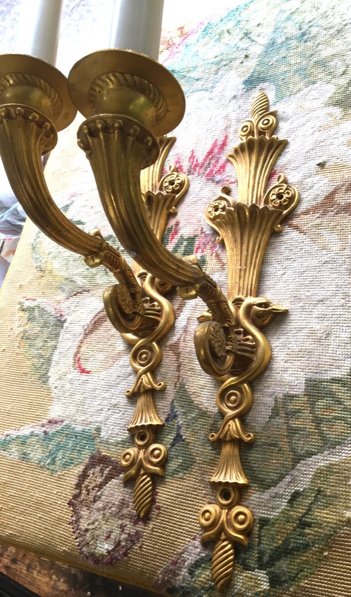 The Pair Of Swan Neck Sconces In Gilt Bronze