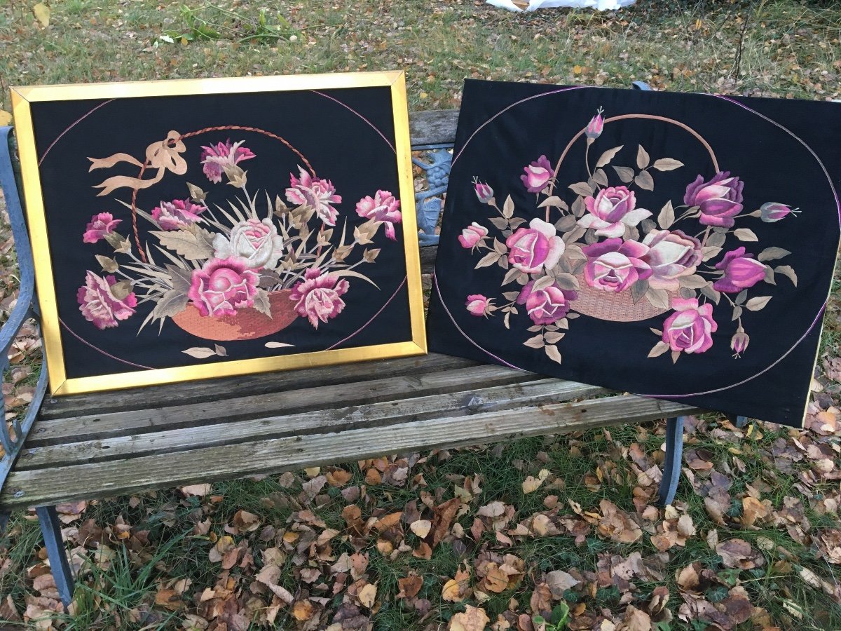 Bouquet Of Roses Embroidered Panel On Black Silk Background-photo-6