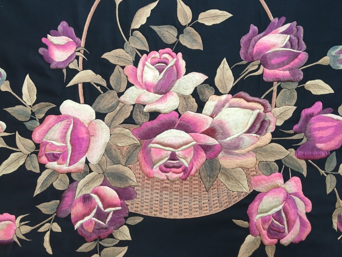 Bouquet Of Roses Embroidered Panel On Black Silk Background