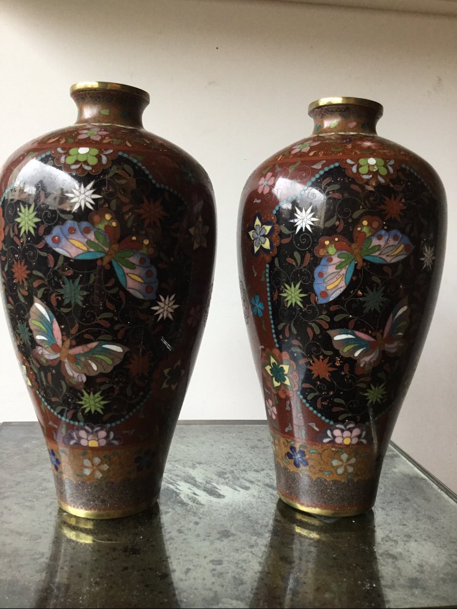 Paire De Vases De Forme Meiping En émaux Cloisonnés-photo-4