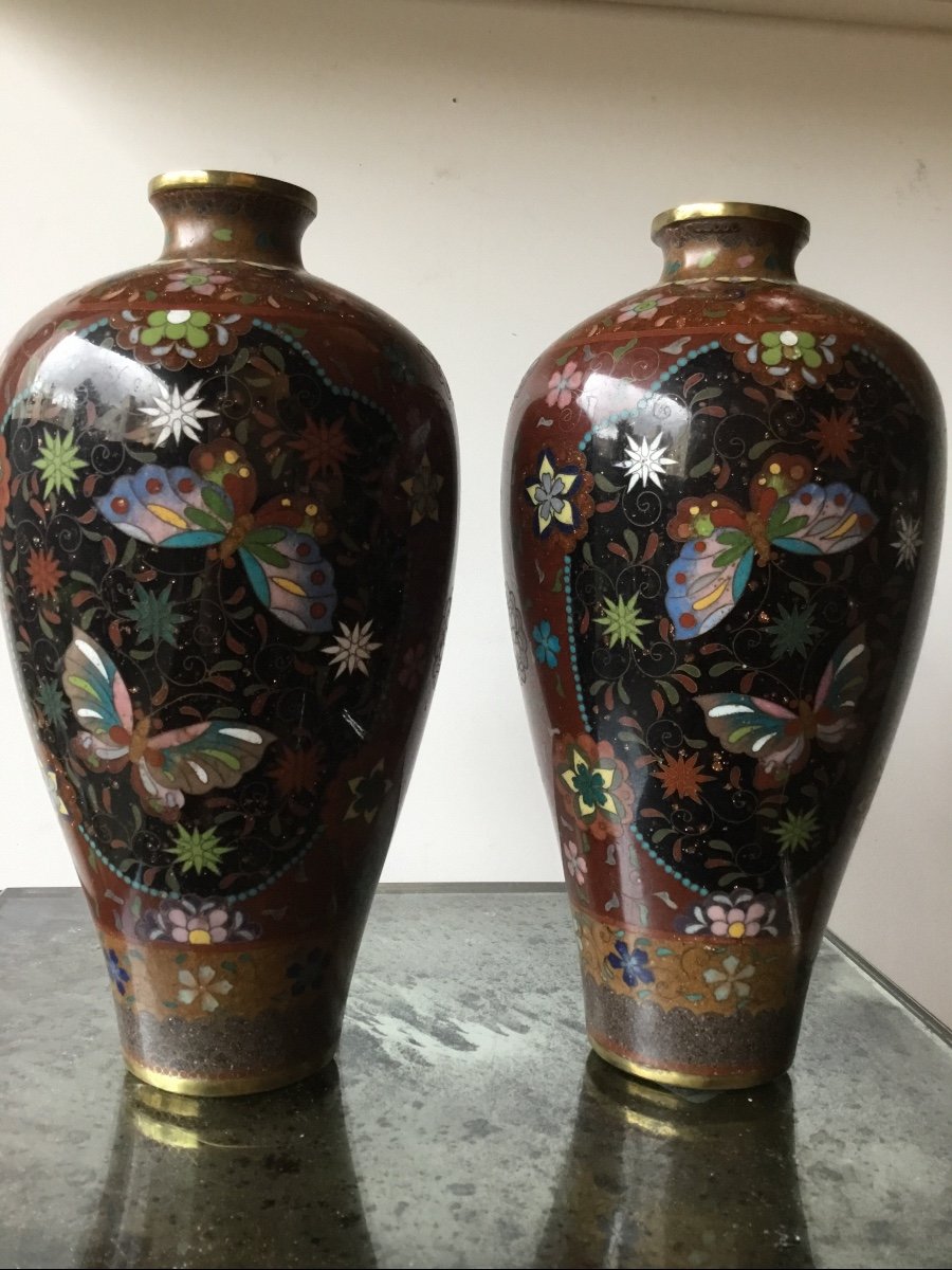 Paire De Vases De Forme Meiping En émaux Cloisonnés-photo-1