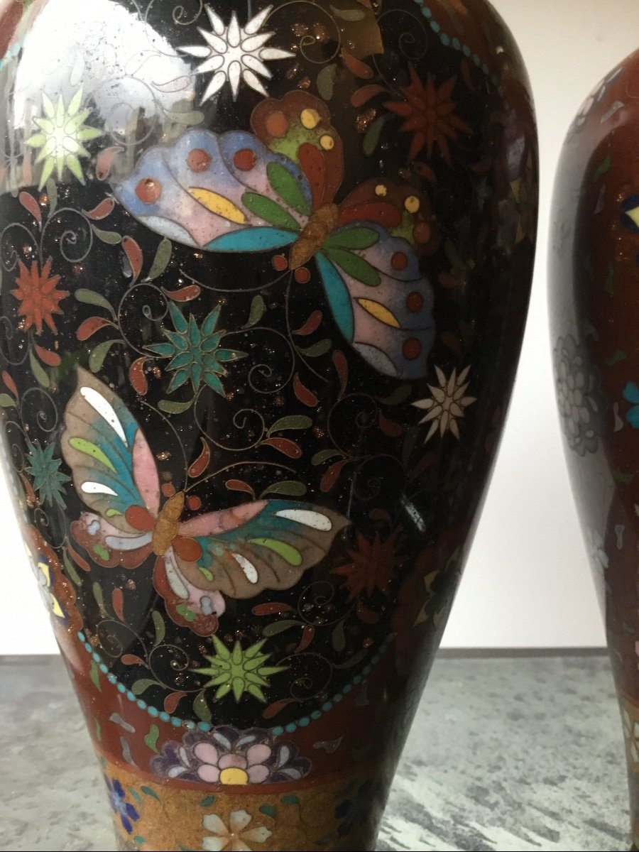 Paire De Vases De Forme Meiping En émaux Cloisonnés-photo-2