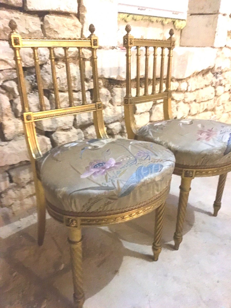 The Pair Of Golden Wood Chairs And Chinese Embroidery