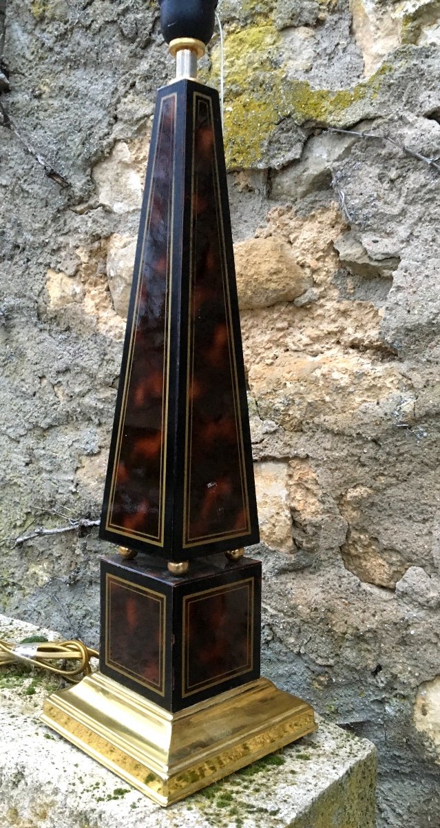 Obelisk Lamp In Tortoiseshell Style And Golden Brass