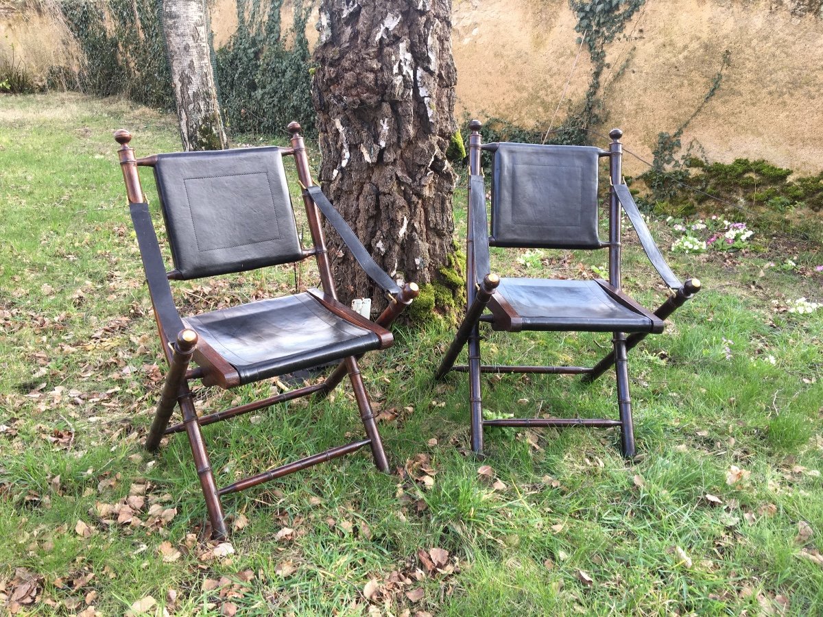 Paire De Chaises Pliantes En Bois Façon Bambou Et Cuir-photo-2