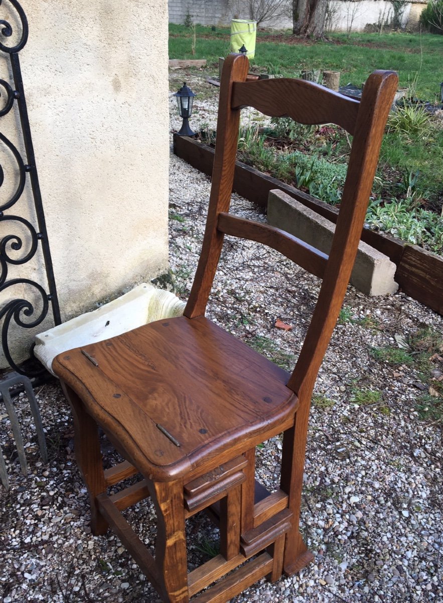 Library Stepladder Chair In Patinated Oak, Circa 1900-photo-7