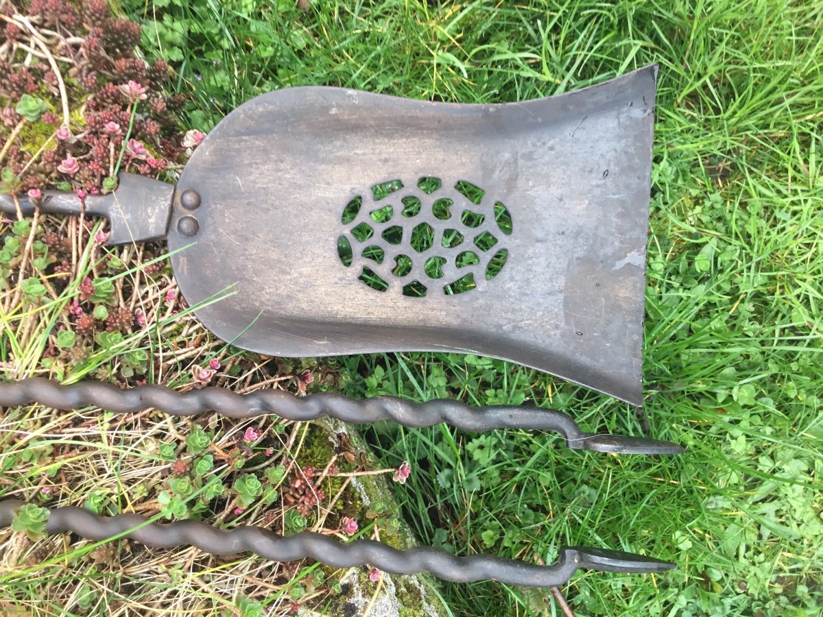 19th Century Iron And Brass Shovel And Tong Set-photo-3