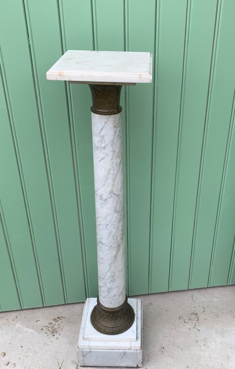 White Carrara Marble Column And Brass Ring, Circa 1900-photo-2