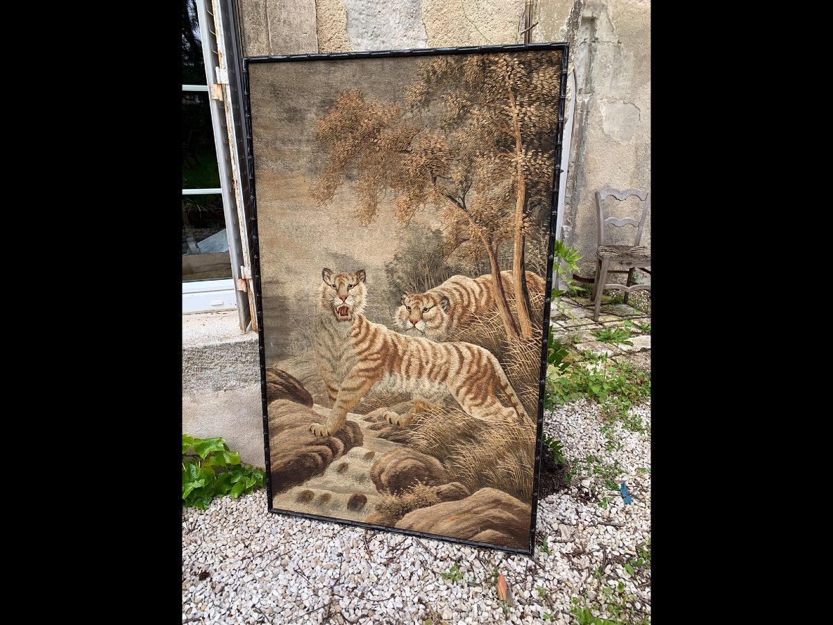 Fine Embroidery Couple Of Tigers, Japan Circa 1900-photo-2