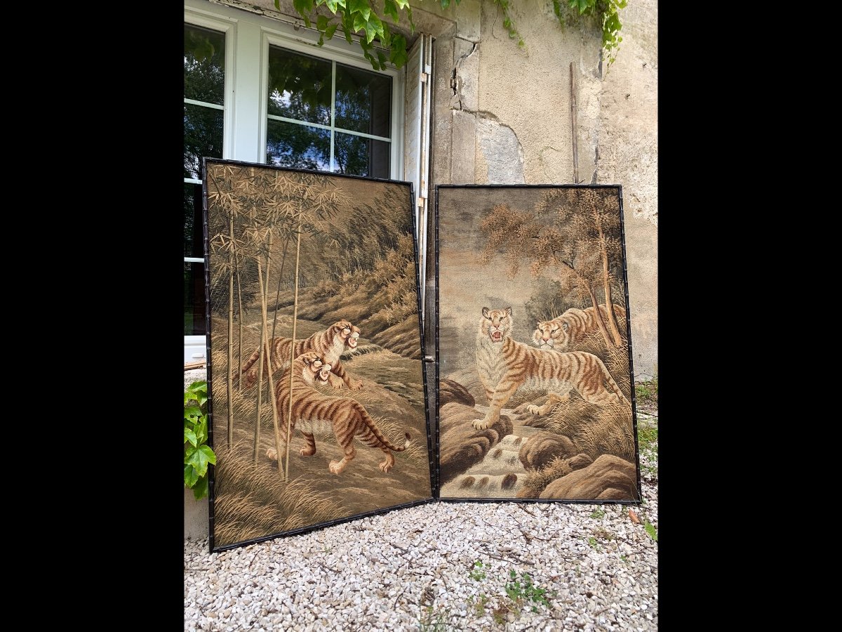 Fine Embroidery Couple Of Tigers, Japan Circa 1900-photo-2