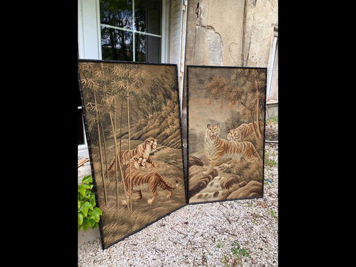 Fine Embroidery Couple Of Tigers, Japan Circa 1900-photo-3