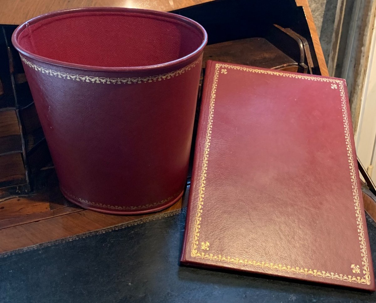 Desk Set Basket And Desk Mat In Red Leather -photo-2