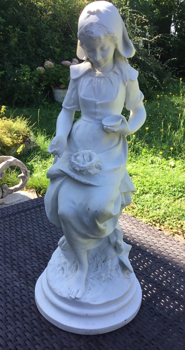 Young Girl Sculpture With Biscuit Baby Birds. Sperlacken - Around 1900-photo-2