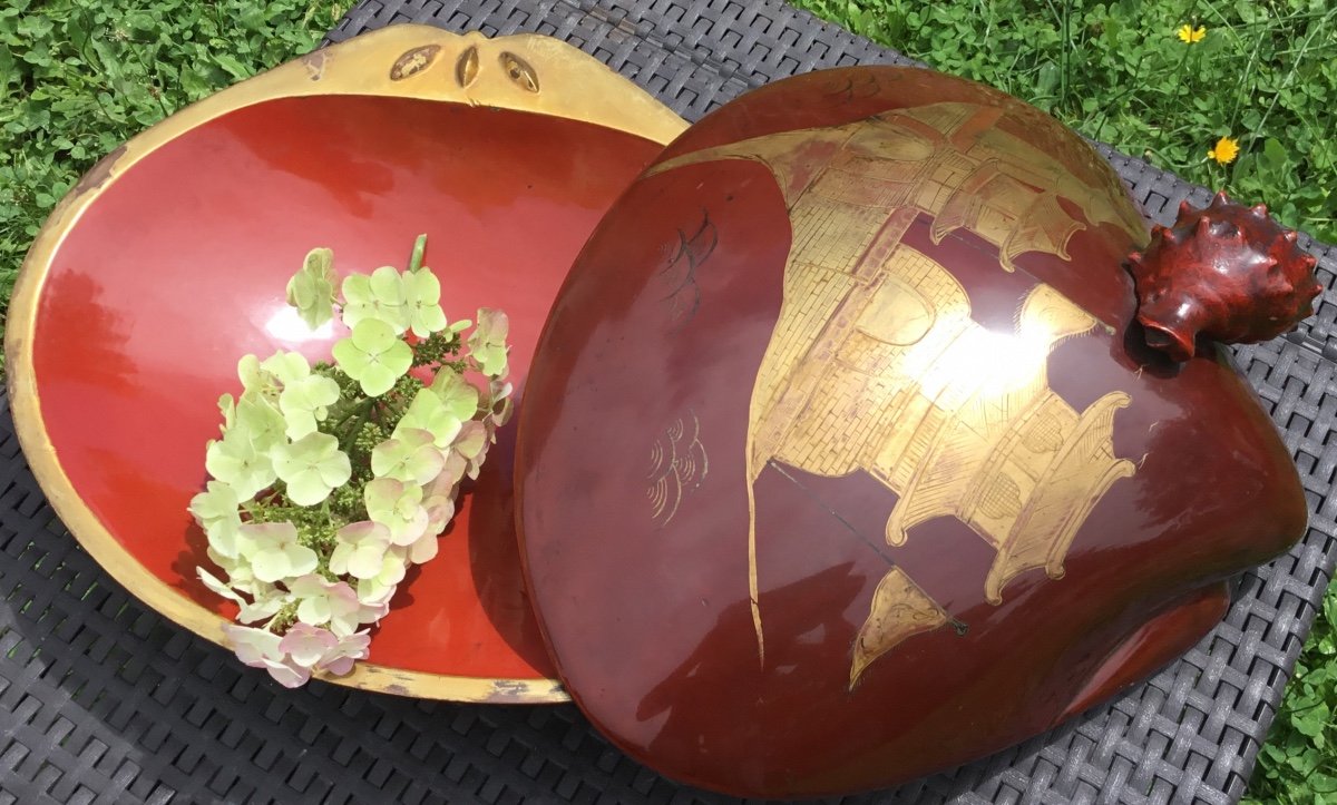 Lacquered Shell-shaped Box Decorated On All Sides 