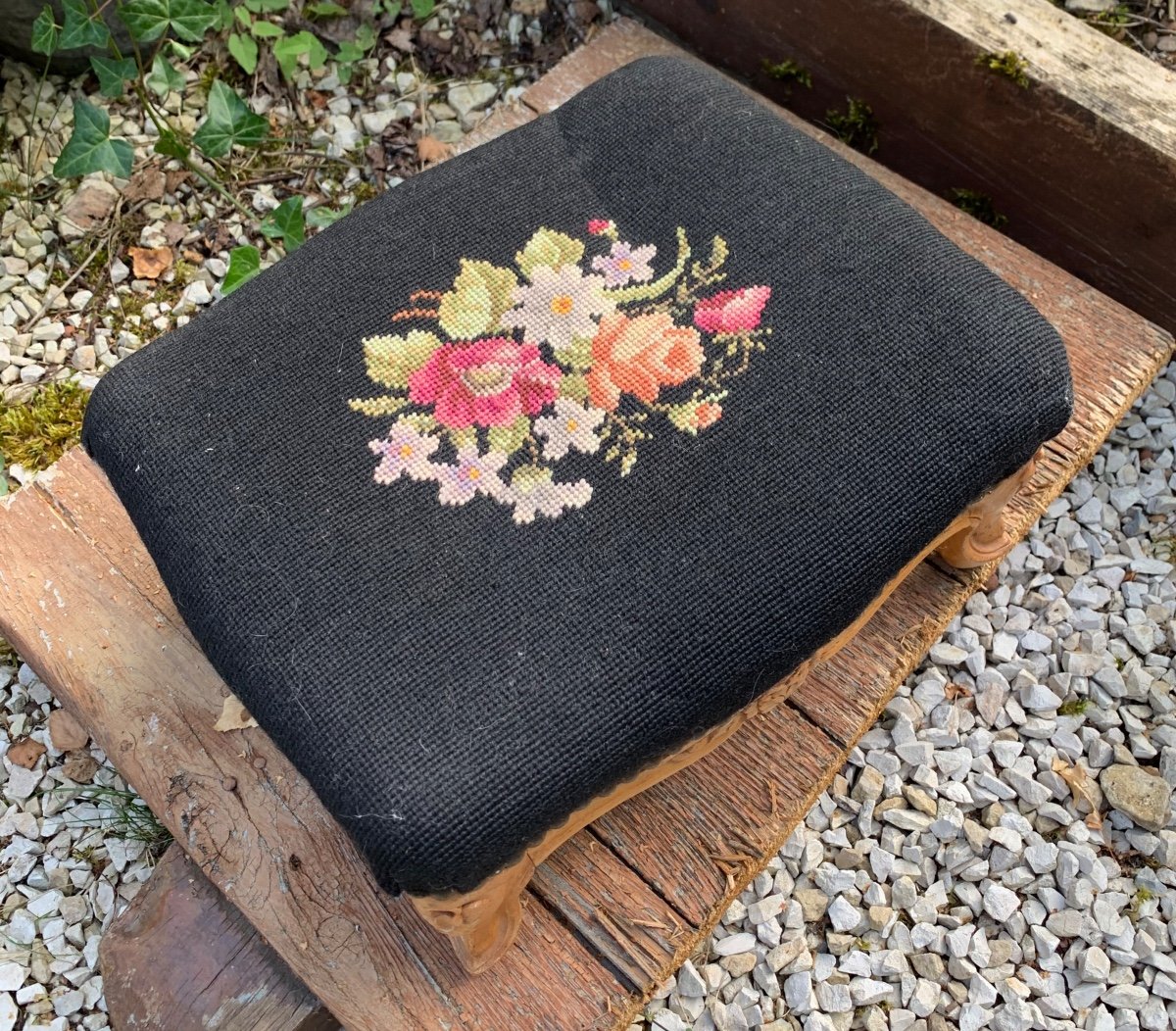 Footrest Covered With Needlepoint Tapestry -photo-4