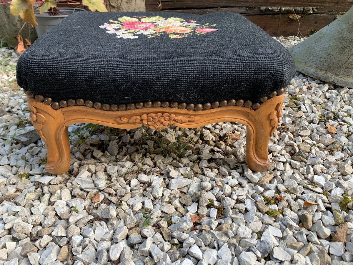 Footrest Covered With Needlepoint Tapestry -photo-1