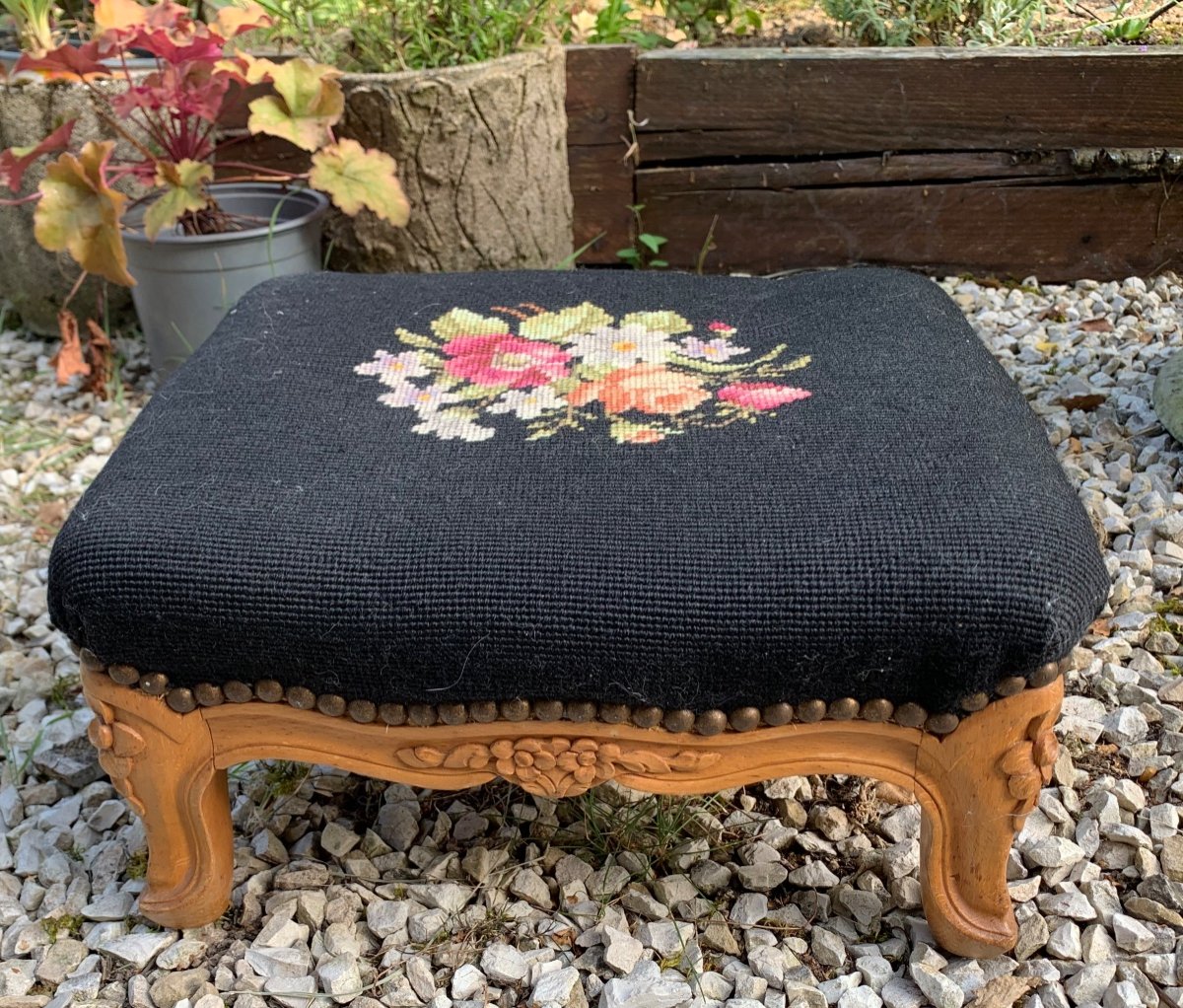 Footrest Covered With Needlepoint Tapestry 