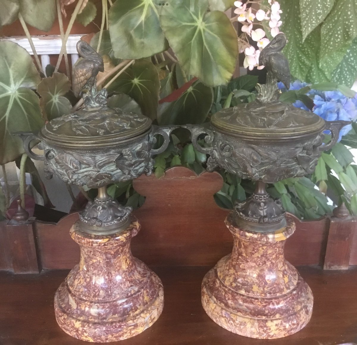 Pair Of Covered Bronze Casseroles With Animal Decor -photo-2