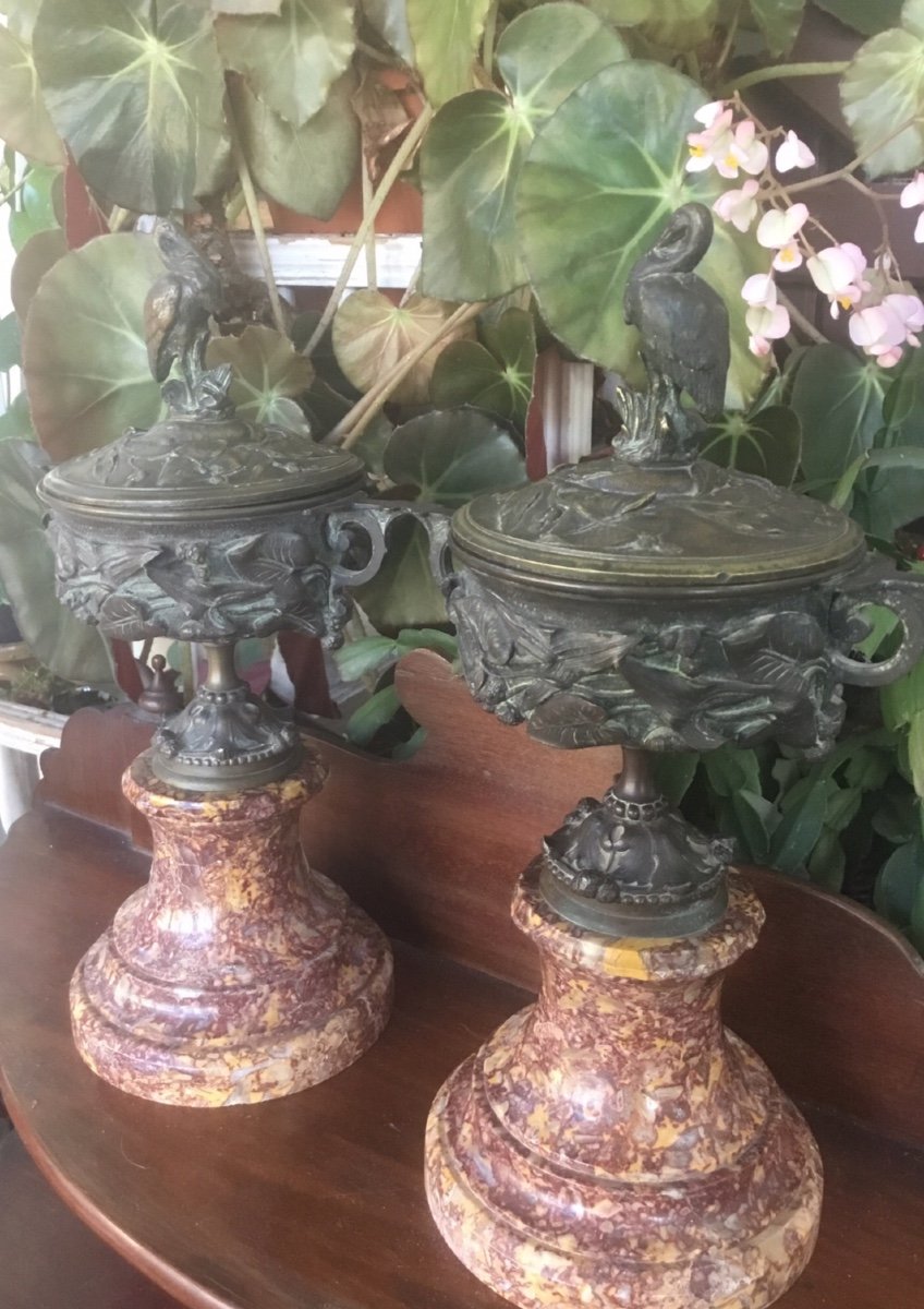 Pair Of Covered Bronze Casseroles With Animal Decor -photo-3