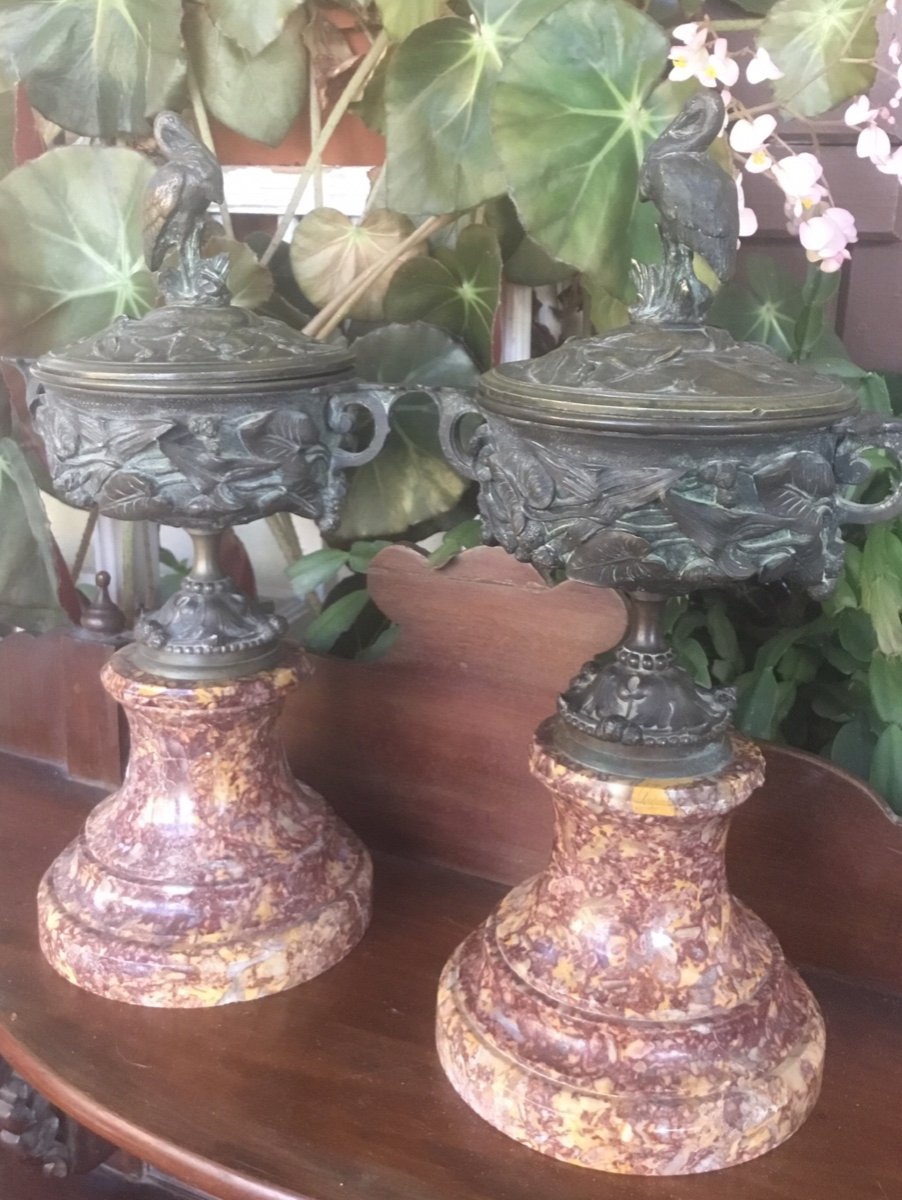 Pair Of Covered Bronze Casseroles With Animal Decor -photo-4