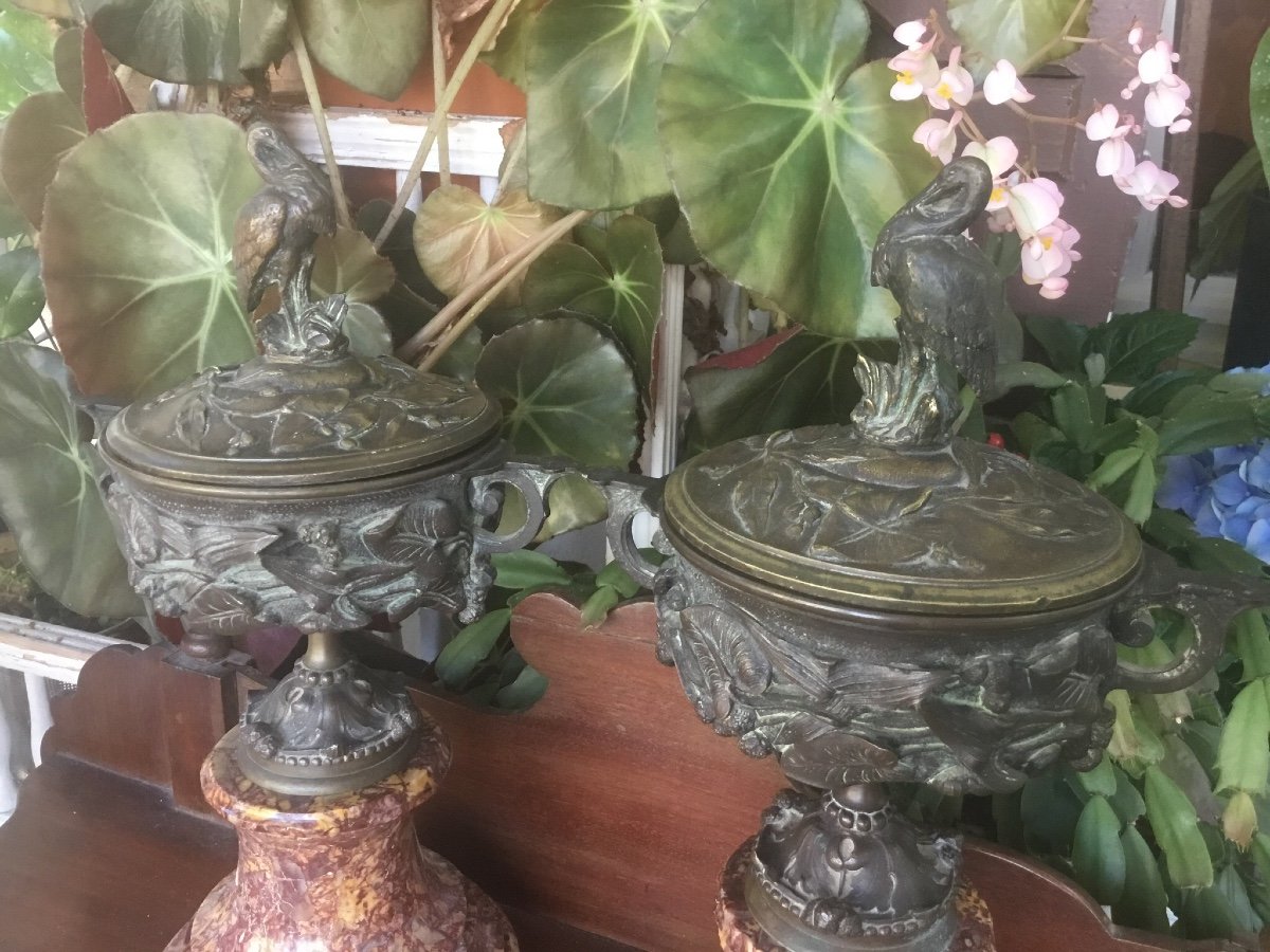 Pair Of Covered Bronze Casseroles With Animal Decor -photo-1