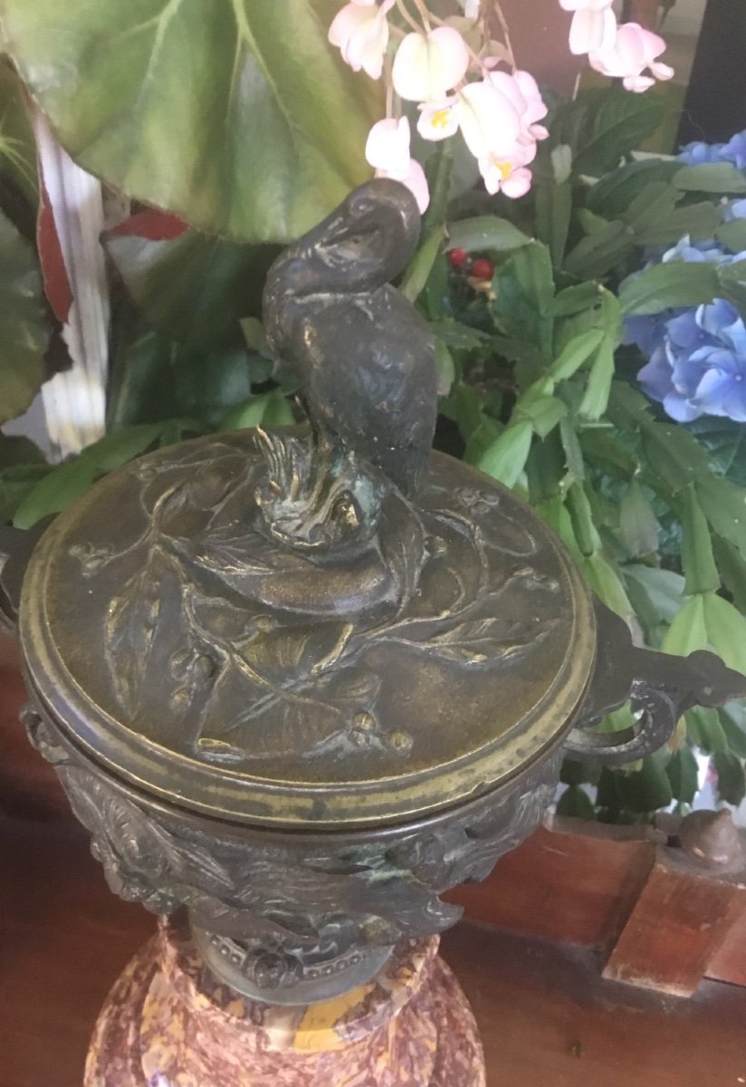 Pair Of Covered Bronze Casseroles With Animal Decor -photo-2