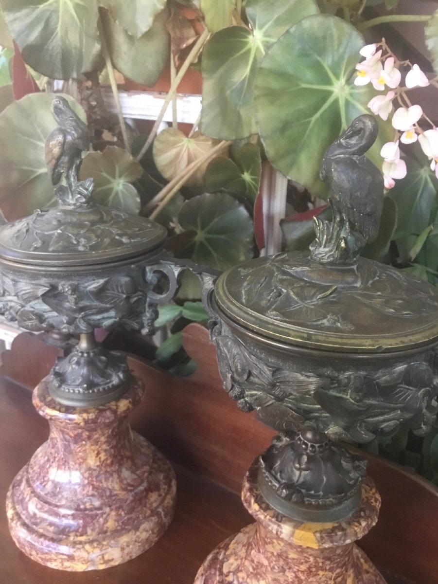 Pair Of Covered Bronze Casseroles With Animal Decor -photo-4