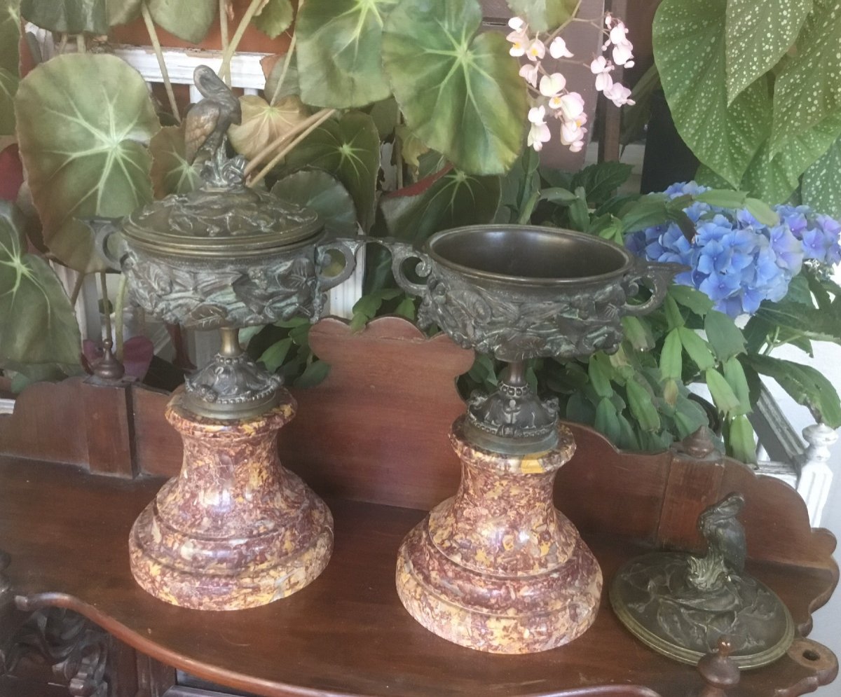 Pair Of Covered Bronze Casseroles With Animal Decor -photo-5