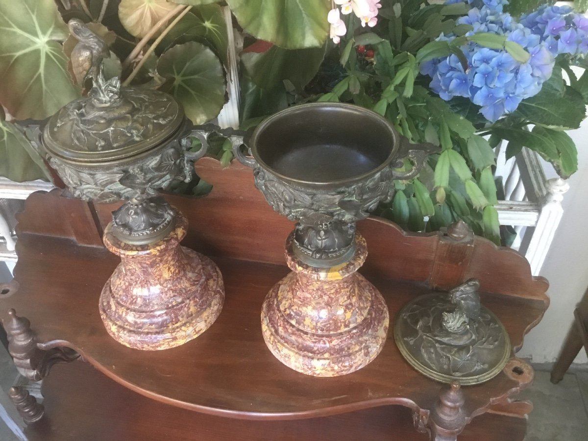 Pair Of Covered Bronze Casseroles With Animal Decor -photo-6