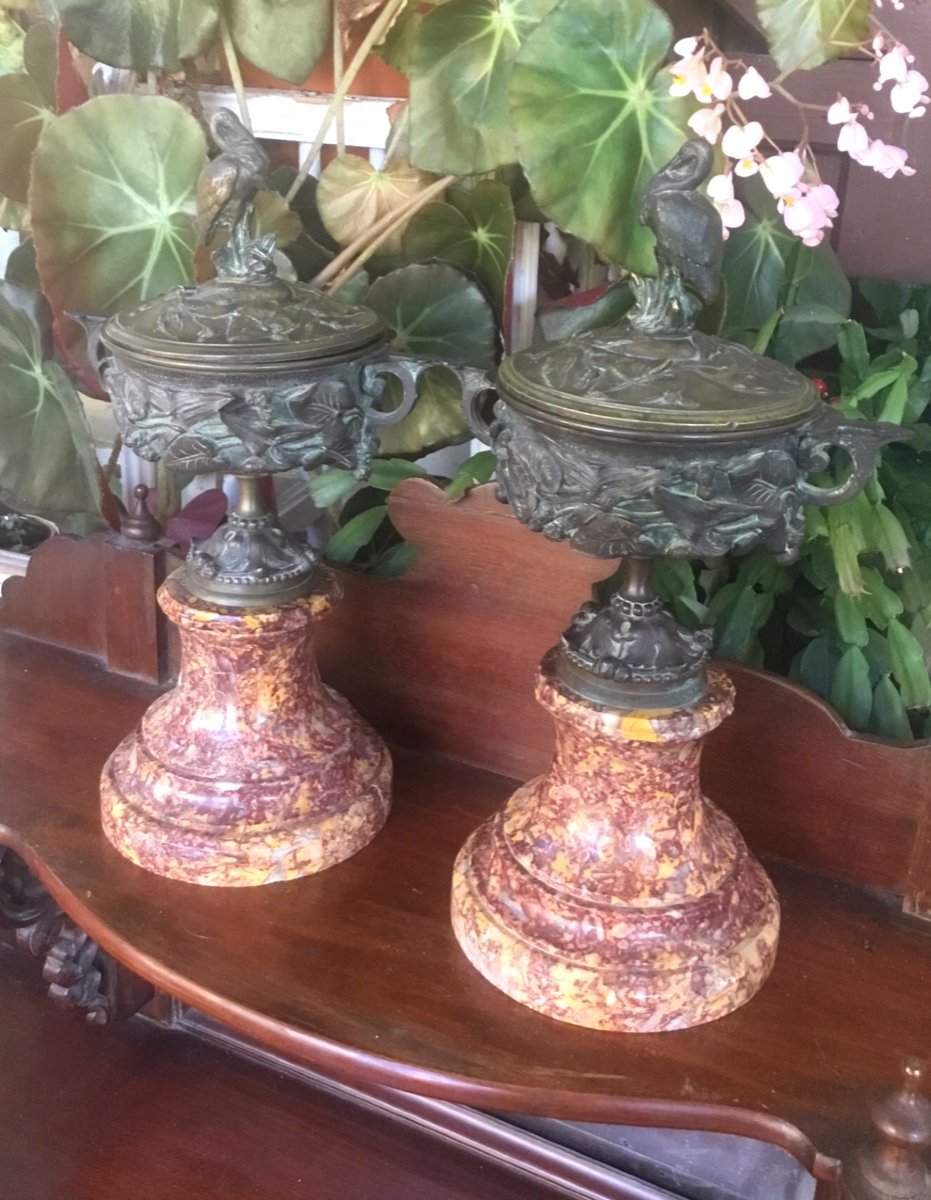 Pair Of Covered Bronze Casseroles With Animal Decor 