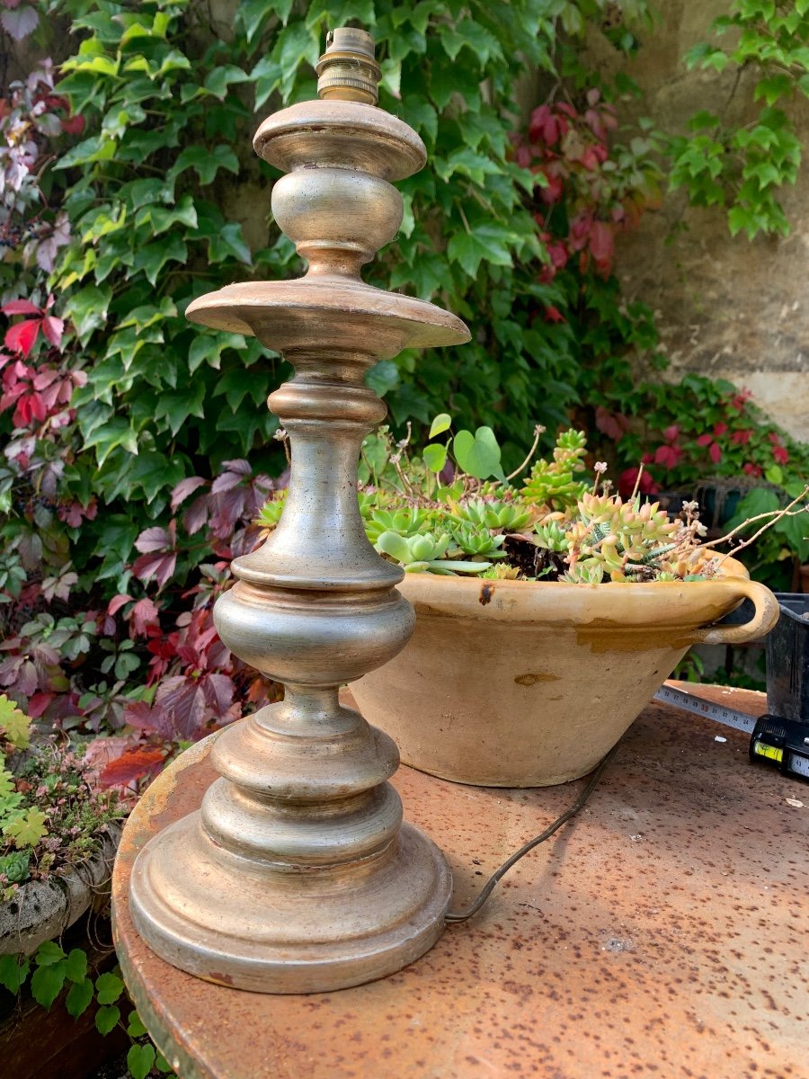 Feuille D’argent , Grand Pied De Lampe En Bois Tourné 46 cm-photo-7