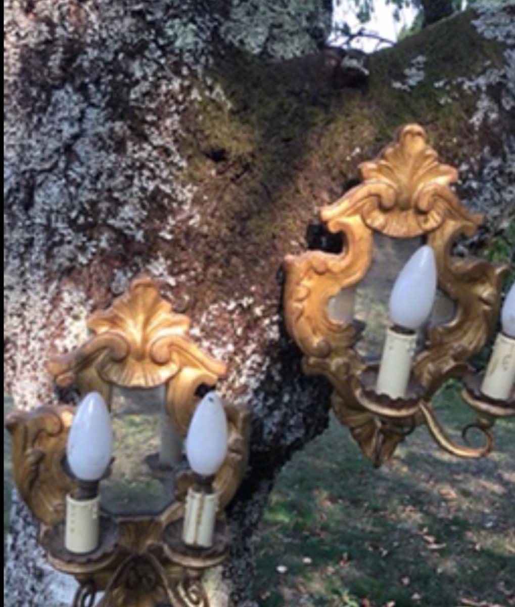 Pair Of Baroque Gilded Wood Mirror Wall Lights-photo-4