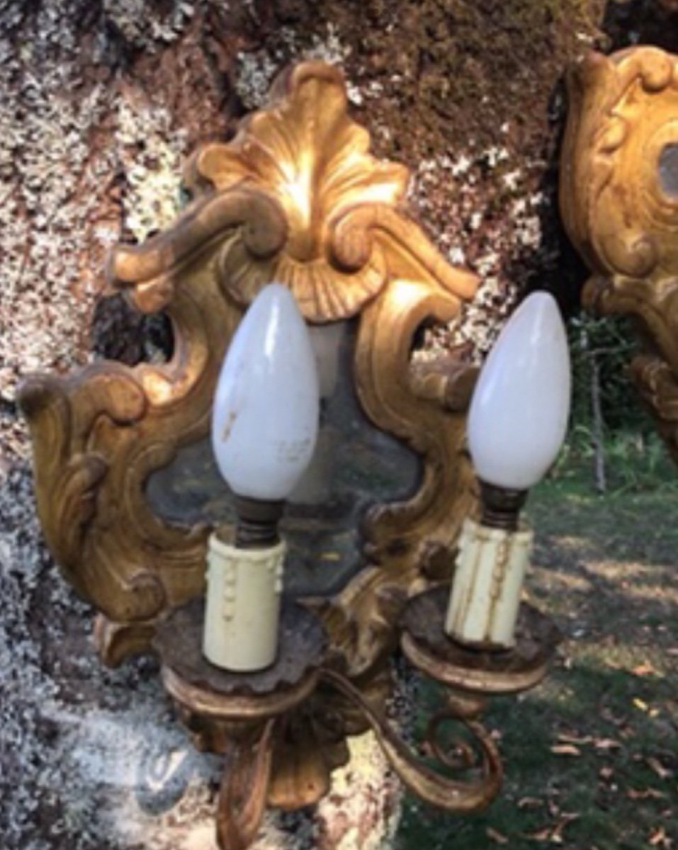 Pair Of Baroque Gilded Wood Mirror Wall Lights-photo-1