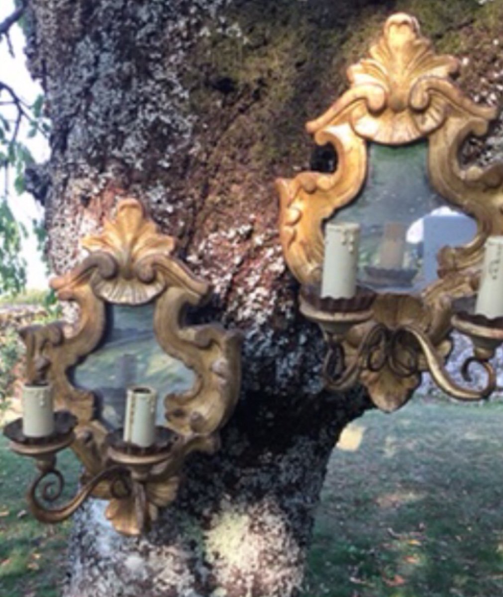 Pair Of Baroque Gilded Wood Mirror Wall Lights-photo-2