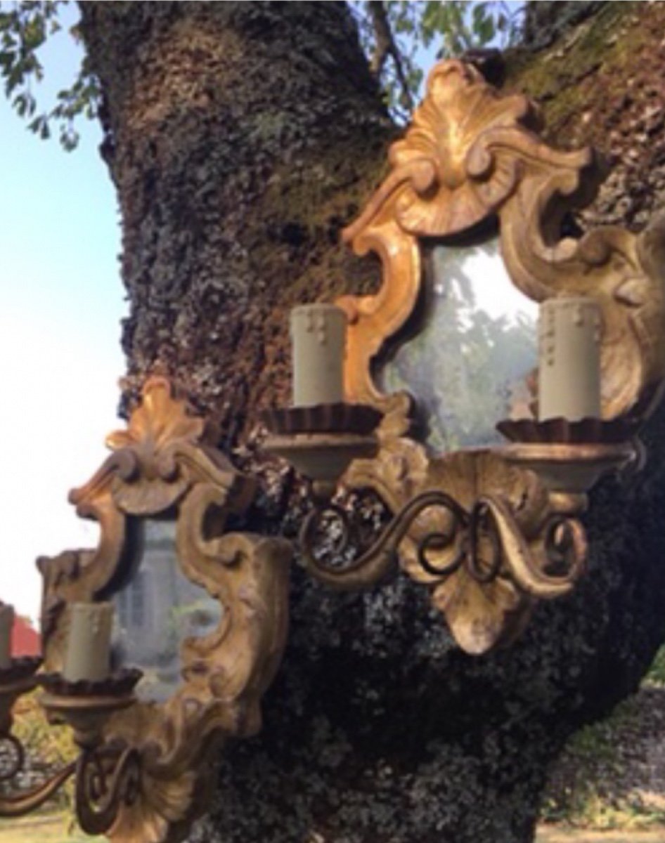 Pair Of Baroque Gilded Wood Mirror Wall Lights-photo-4